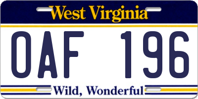 WV license plate OAF196