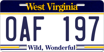 WV license plate OAF197