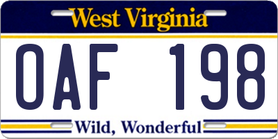 WV license plate OAF198