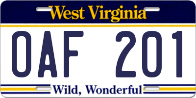 WV license plate OAF201