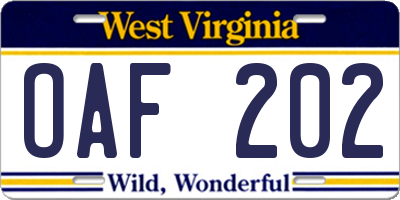 WV license plate OAF202