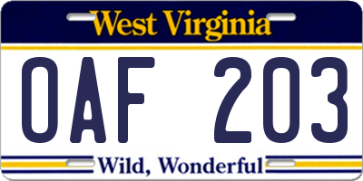 WV license plate OAF203