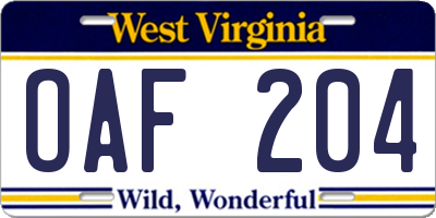 WV license plate OAF204
