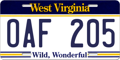 WV license plate OAF205