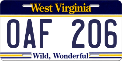 WV license plate OAF206