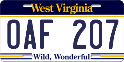 WV license plate OAF207