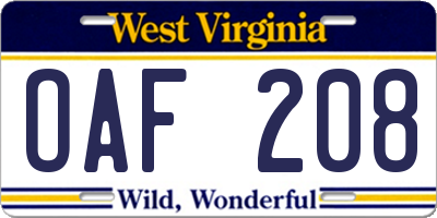 WV license plate OAF208