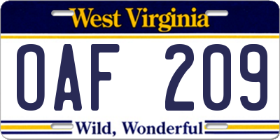WV license plate OAF209