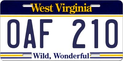WV license plate OAF210