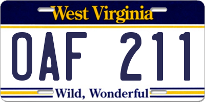 WV license plate OAF211