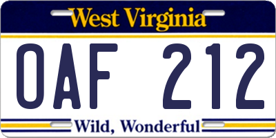 WV license plate OAF212