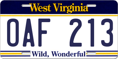 WV license plate OAF213