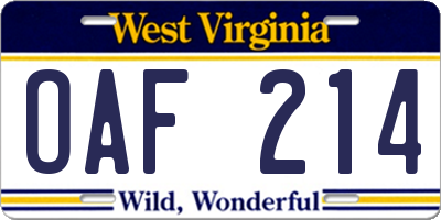 WV license plate OAF214