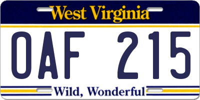 WV license plate OAF215
