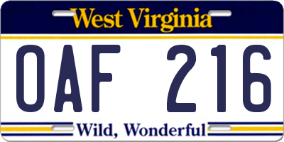 WV license plate OAF216