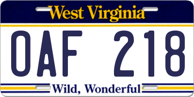 WV license plate OAF218