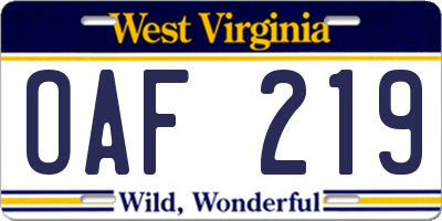WV license plate OAF219