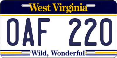 WV license plate OAF220