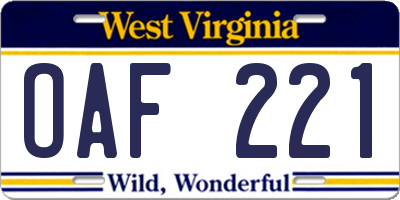 WV license plate OAF221