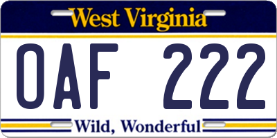 WV license plate OAF222