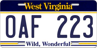 WV license plate OAF223