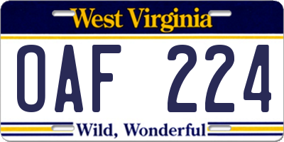 WV license plate OAF224
