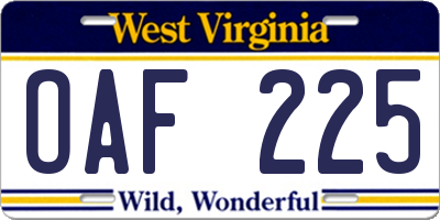 WV license plate OAF225