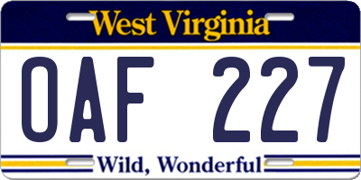 WV license plate OAF227