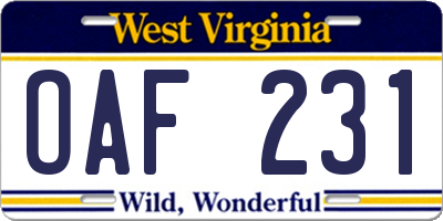 WV license plate OAF231