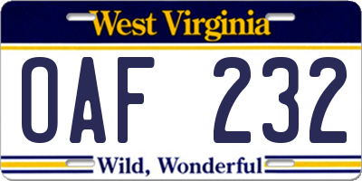 WV license plate OAF232