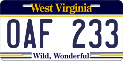 WV license plate OAF233