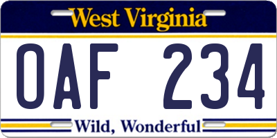 WV license plate OAF234