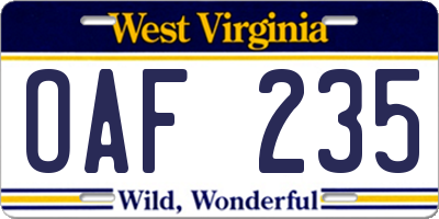 WV license plate OAF235