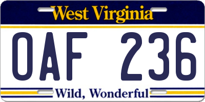 WV license plate OAF236