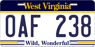 WV license plate OAF238