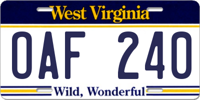 WV license plate OAF240