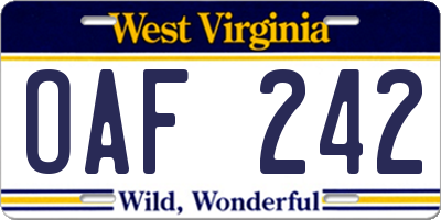 WV license plate OAF242