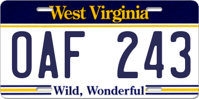 WV license plate OAF243