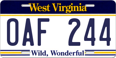 WV license plate OAF244