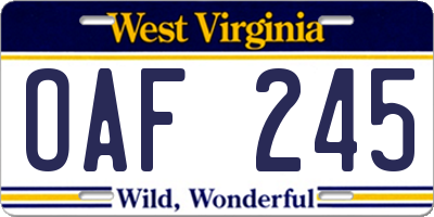 WV license plate OAF245