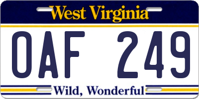 WV license plate OAF249