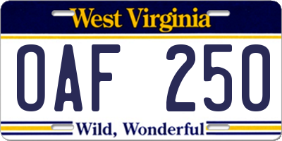 WV license plate OAF250