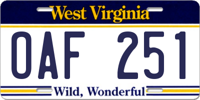 WV license plate OAF251