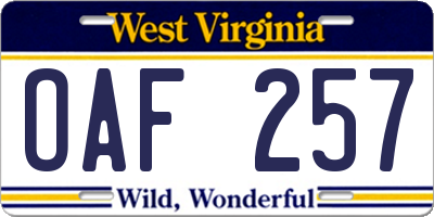 WV license plate OAF257