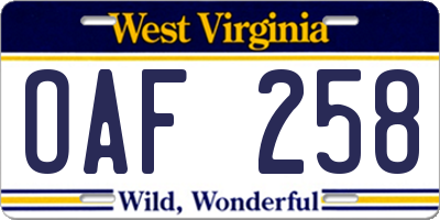 WV license plate OAF258