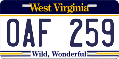 WV license plate OAF259