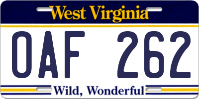 WV license plate OAF262