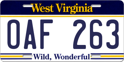 WV license plate OAF263