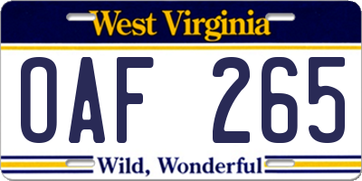 WV license plate OAF265