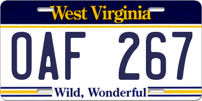 WV license plate OAF267
